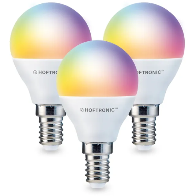 HOFTRONIC SMART E14 SMART Wifi LED Lamp 3 Stuks - RGBWW 5.5 Watt 470lm P45 Dimbaar - Bedienbaar via Hoftronic Smart App - Bedienbaar via stem