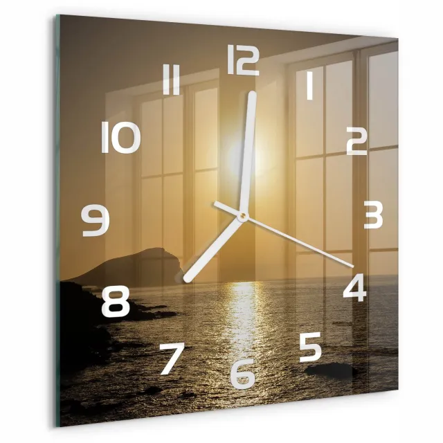 TULUP Wandklok - Zonsondergang Zee Klok Glas Met Opdruk - 30x30 cm - Geel Moderne Wandklok Glas - Witte handen - Vierkante Klok - Decoratieve Glazen Klok - Glazen Wandklok Design