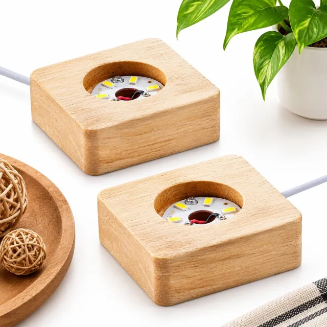 VHV Voet 2 - 2 stuks Houten LED Display ,3” - Warm Wit Licht - USB Voeding - voor 3D Kristal Glas & Hars Kunst Kleur van de hoofdfiguur