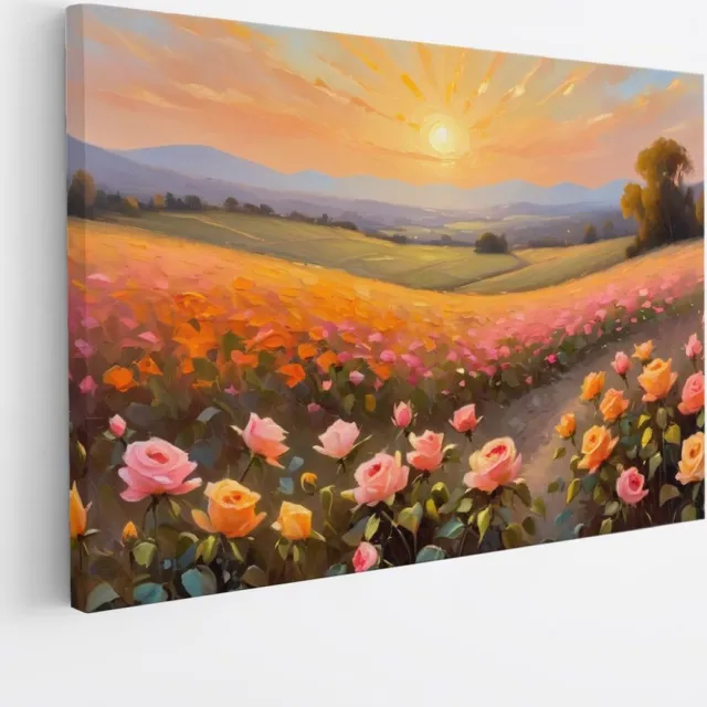 Saammp Canvas Schilderij - Landschap - Roze Bloemenveld - Abstract - 40x30 - Foto op canvas - Wanddecoratie - Muurdecoratie Woonkamer - Slaapkamer decoratie - Canvas Print Multicolor