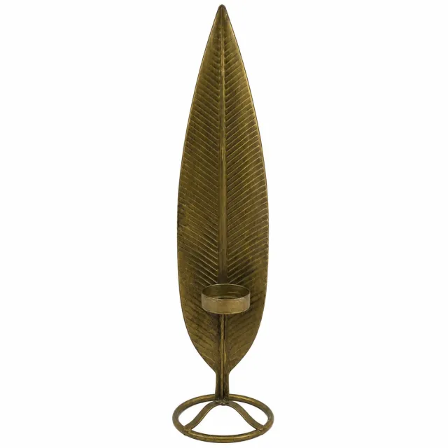 WDMT Feather Gouden Kaarsenhouder 59 cm – Metalen Kandelaar in Veervorm voor 1 Kaars – Antiek Gouden Woondecoratie voor Tafel, Kast, Vensterbank en Schouw – Antiek goud