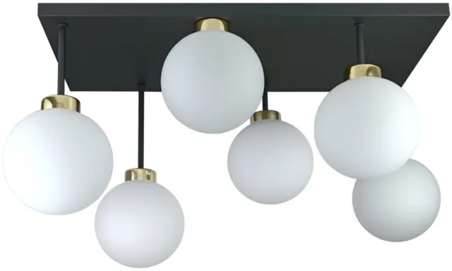 Keter Lighting Dea Gold White Plafondlamp 6xE27 – Zwart/Goud Metaal & Witte Glazen Lampenkappen