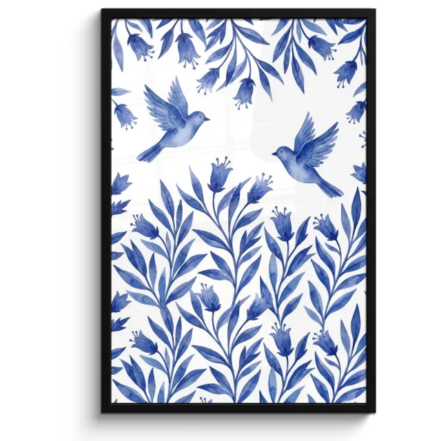 FrameYourWall Poster in lijst - Fotolijst 60x90 cm - Posters - Modern - Vogels - Delfts - Blauw - Posterlijst zwart - Decoratie - Wanddecoratie woonkamer - Muurdecoratie slaapkamer