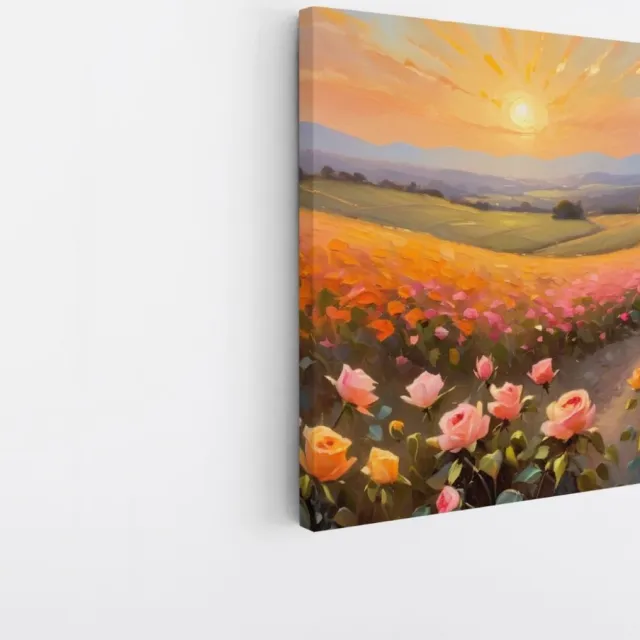 Saammp Canvas Schilderij - Landschap - Roze Bloemenveld - Abstract - 40x40 - Foto op canvas - Wanddecoratie - Muurdecoratie Woonkamer - Slaapkamer decoratie - Canvas Print Multicolor