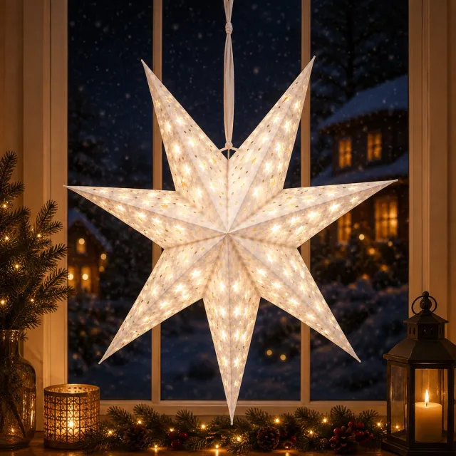 Benza Hangende Kerstster – Wit – Ø 60 cm – Fluweelzachte Afwerking – Warm Wit LED – Timerfunctie – Werkt op Batterijen – Voor Binnen