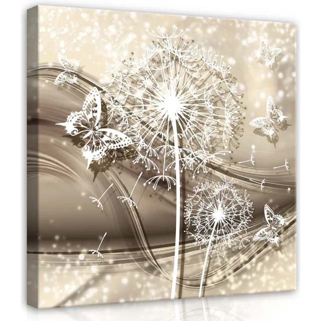Canvas Schilderij - Bloemen - Vlinders - Paardenbloem - Planten - Inclusief Frame - 40x40cm (lxb) - Wit
