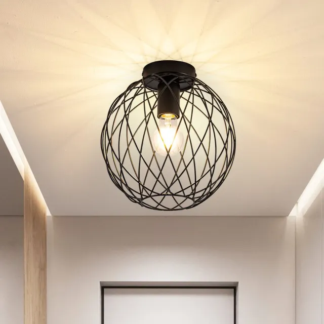 NETTLIFE Plafondlamp E27 - Rond - Zwart - Industriële vestibule lamp - Metaal - met kooi design - voor woonkamer keuken slaapkamer - 25cm-excl. lichtbron