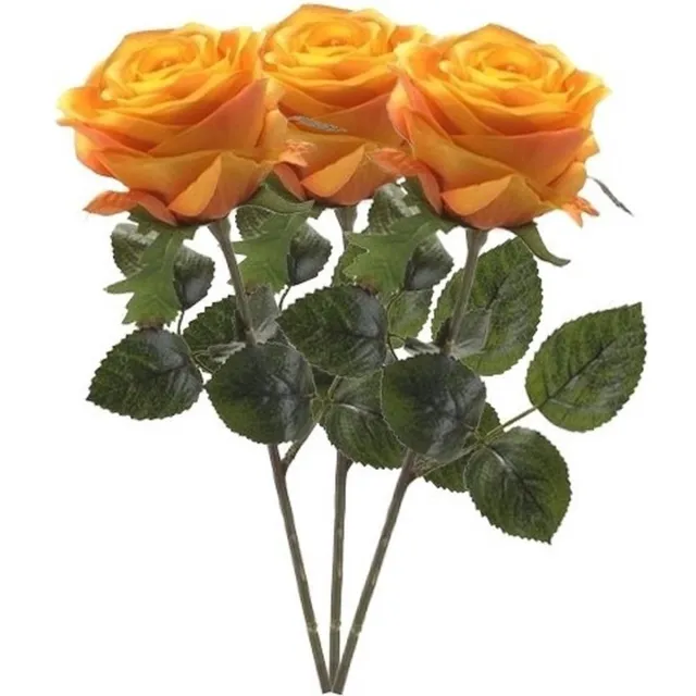Bellatio Flowers & Plants Emerald Kunstbloem roos Simone - 3x - geel/oranje - 45 cm - decoratie bloemen