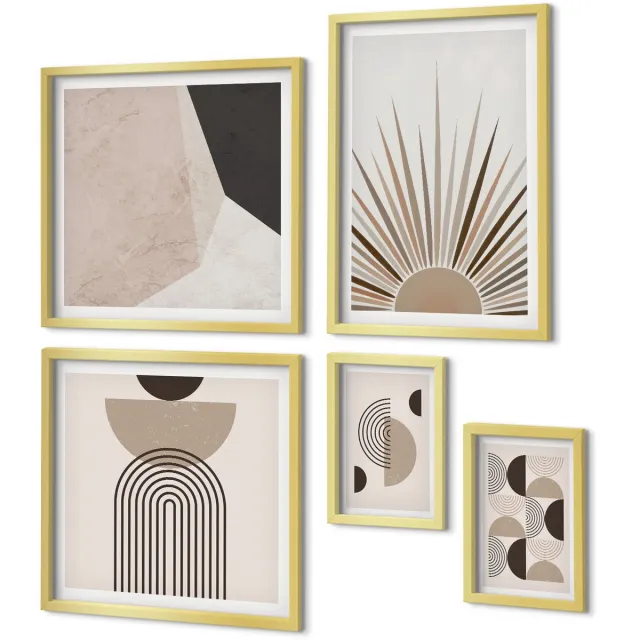 Coloray 5-Delige Schilderij Set - Abstracte Geometrische Vormen In Neutrale Tinten - 50 x 50 cm, 20 x 30 cm En 40 x 60 cm - Stijlvolle Wanddecoratie - Interieur - Muurdecoratie Gouden lijst