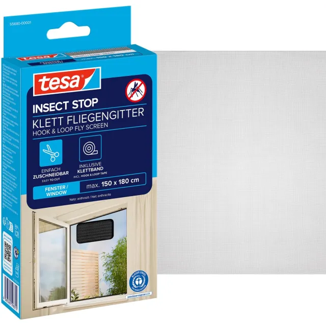 Tesa INSECT STOP H&L Fly Screen for Window - hor met klittenband, op, zonder boren - 1 net - 150 x 180 cm - antraciet (transparant)