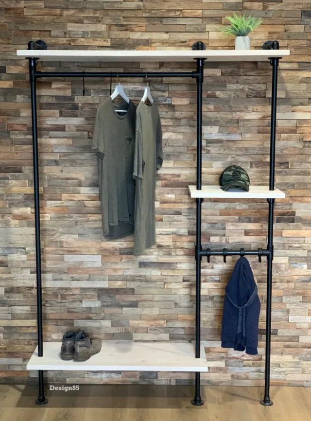 Design85 Industriële Kapstok voor Kleerhangers – Wandkapstok van Hout & Zwart Staal – Steigerbuis Design – Design85 Zwart en Wit