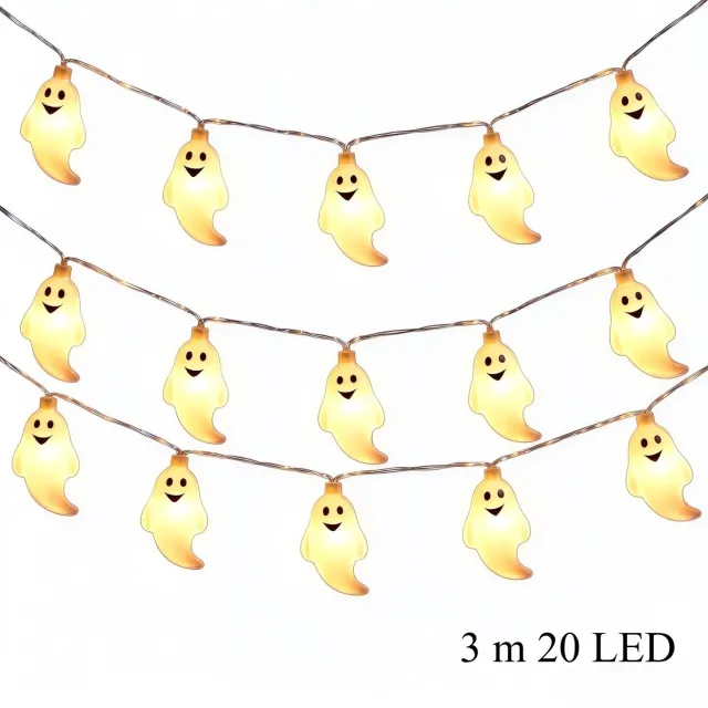 Mrilary Halloween Lichtsnoer - Spooklichtslinger 3m met 20 LED-lampjes – Halloween Decoratie – Werkt op batterijen, warm wit licht, continu brandend – Geschikt voor Halloween en diverse feestdecoraties