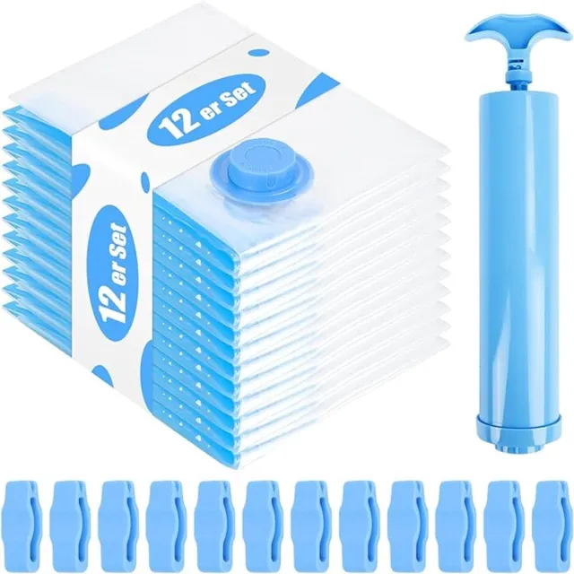 Famanu Vacuümzakken voor reis - 12 stuks - 60 x 40 cm - opbergzak met pomp - voor kleding - dekbedden - kussens - beddengoed Blauw