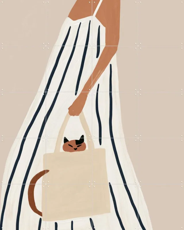 IXXI Cat In The Bag, Atelier Pommeline - 80 x 100 cm - Grote wanddecoratie en posters - Minimalisme, Modern, Illustraties, Gang, Woonkamer Wit / Beige
