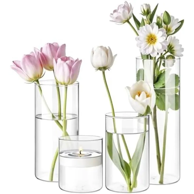 PromoHome Set van 4 Transparante Glazen Bloemenvazen voor Tafeldecoratie - Cilindervazen voor Bruiloften, Feesten en Huisdecoratie - Multifunctionele Glasvazen in Verschillende Maten