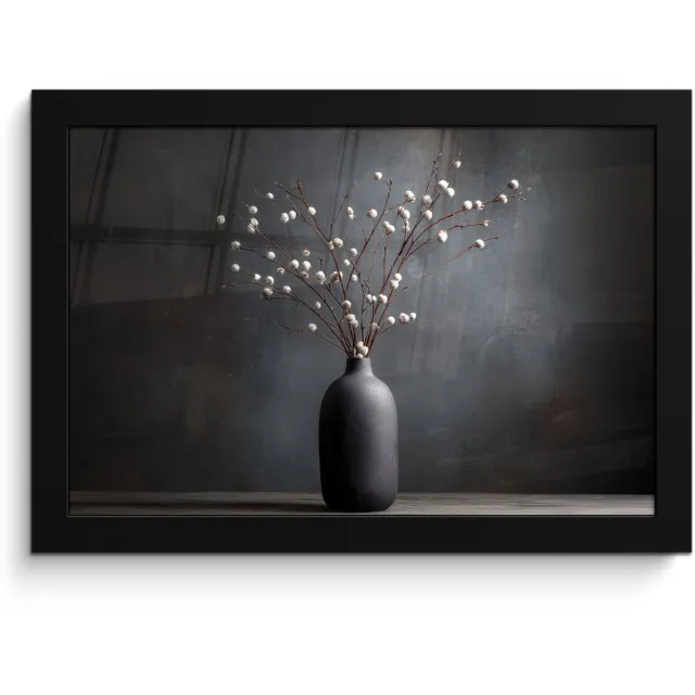 FrameYourWall Poster in lijst - Fotolijst 30x20 cm - Posters - Takken - Vaas - Bolletjes - Wit - Posterlijst zwart - Decoratie - Wanddecoratie woonkamer - Muurdecoratie slaapkamer