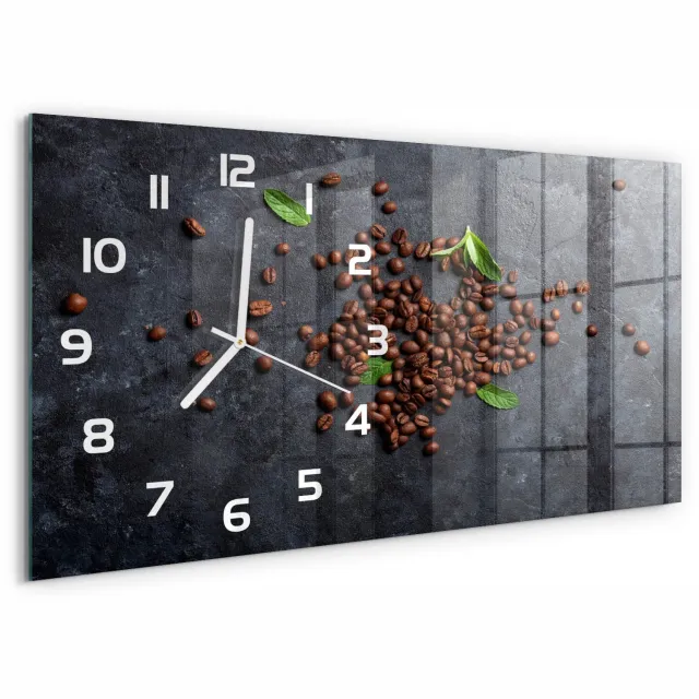 TULUP Wandklok - Koffiebonen Decoratieve Glazen Klok - 60x30 cm - Bruin Glazen Wandklok Design - Witte handen - Rechthoekige Klok - Glazen Klok Met Print - Wandklok Glas Met Motief