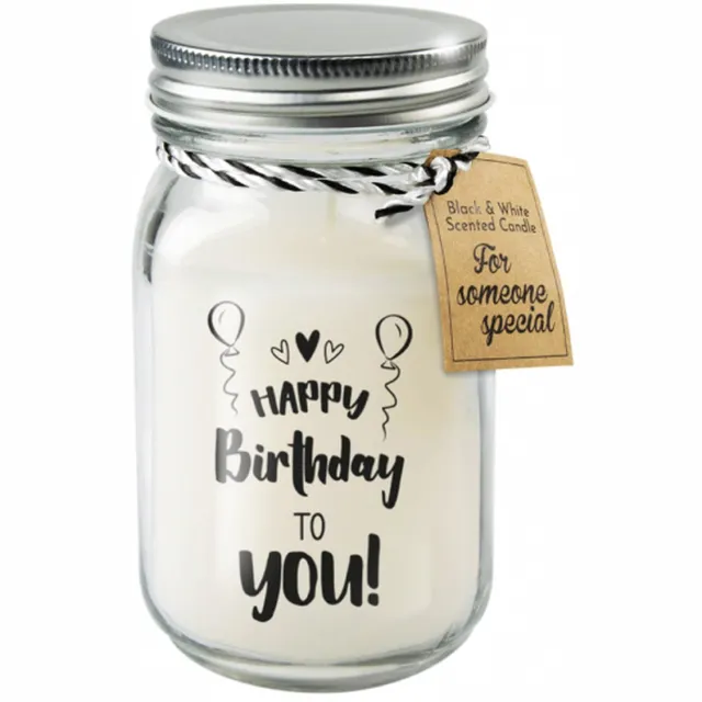Snoepkado.com Kaars - Happy birthday to you! - Lichte vanille geur - In glazen pot - In cadeauverpakking met gekleurd lint zwart op glas