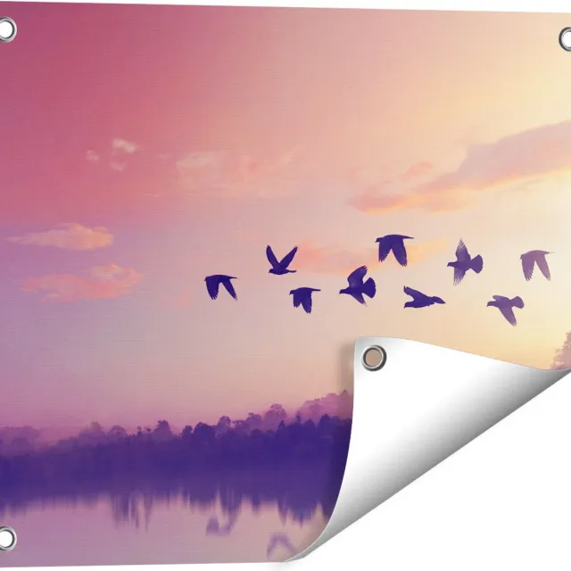 Gards Tuinposter Silhouet Vogels tijdens Zonsondergang - 50x40 cm - Tuindoek - Tuindecoratie - Wanddecoratie buiten - Tuinschilderij Multikleur