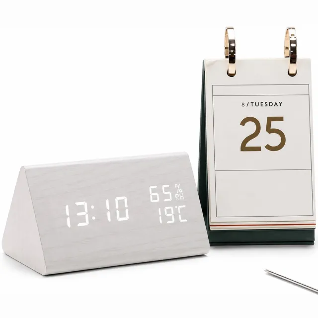SWGOTA wekker - Driehoekige houten LED-klok met temperatuurweergave - Wit met witte cijfers - Externe voeding - 15 x 8 x 9 cm