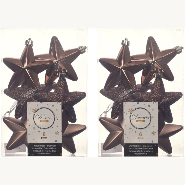 Decoris kersthanger sterren - 18x st - walnoot bruin - 7 cm - kunststof - kerstornamenten - kerstversiering