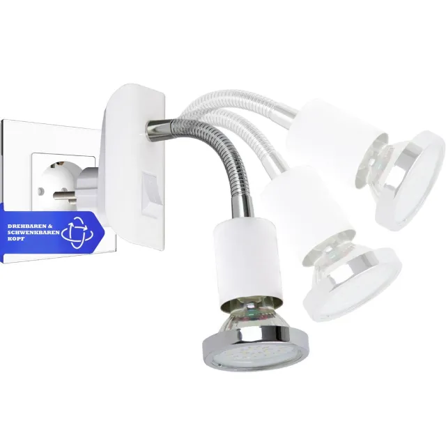 Trango Stekkerlamp in mat wit Stekkerlamp 11-056 *FLEXI* nachtlampje incl. 1x GU10 3000K warm wit LED lamp chroom ring & AAN/UIT schakelaar leeslamp, wandlamp, keukenlamp Wit mat