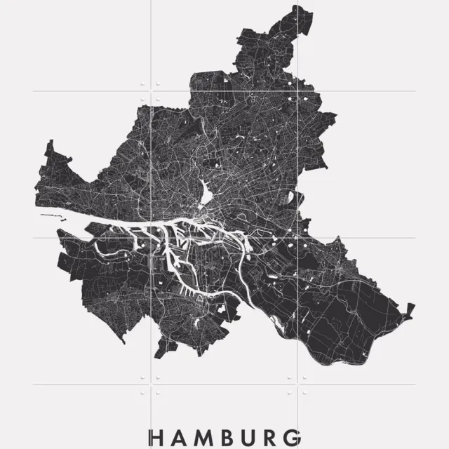 IXXI Hamburg City Map, Kunst in Kaart - 60 x 80 cm - Grote wanddecoratie en posters - Minimalisme, Grafisch Ontwerp, Line art, Technische Tekening Monochroom / Zwart en wit / Zwart