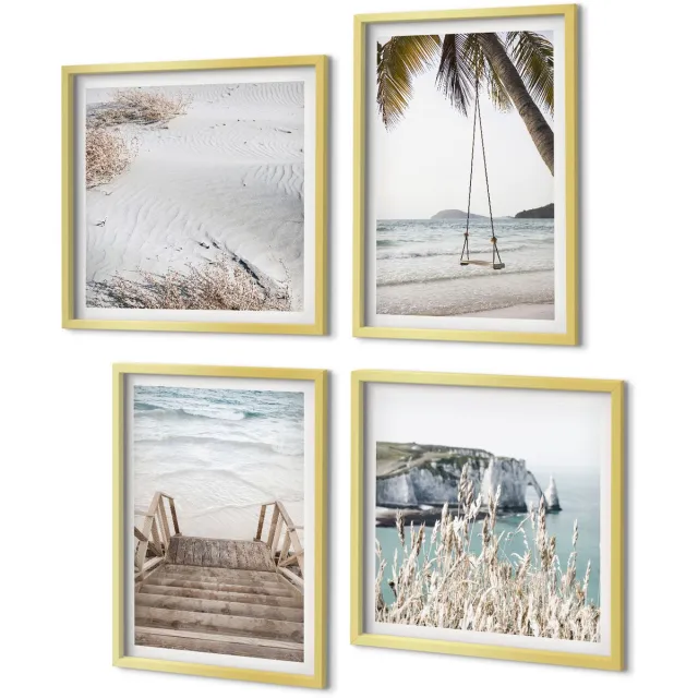Coloray 4-Delige Schilderij Set - Strand met houten trap en een schommel aan zee - 40 x 40 cm en 40 x 60 cm - Moderne Wanddecoratie - Woonkamer - Woonkamer Decoratie Gouden lijst