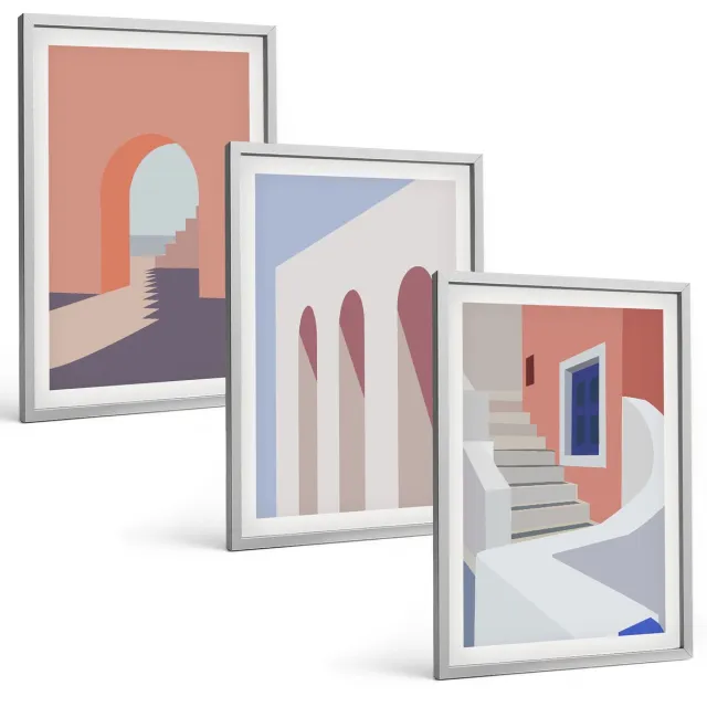 TULUP 4-Delige Schilderij Set - Illustraties van stedelijke architectuur in minimalistische stijl - 40 x 60 cm - Decoratieve Muurdecoratie - Slaapkamer - Decoratieve Schilderijen Zilveren lijst