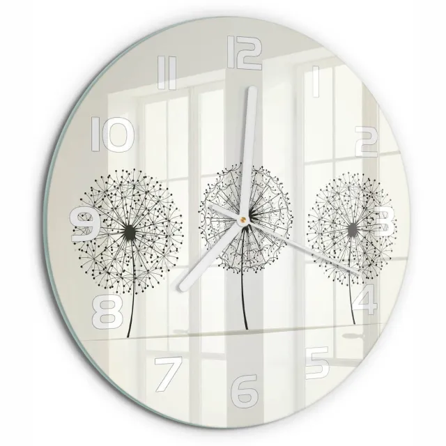 TULUP Wandklok - Paardenbloemtand Wandklok Glas Met Motief - fi30 cm - Beige Decoratieve Glazen Klok - Witte handen - Ronde Klok - Gekleurde Glazen Klok - Glazen Klok Met Print