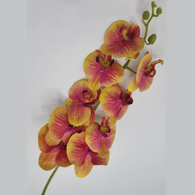 Bomm Orchidee - GK560/18 - 102 cm - Donder roze/Geel/Bruin - 9 bloemen - 1 tak - Grafdecoratie - Zijdenbloemen - Kunstbloemen