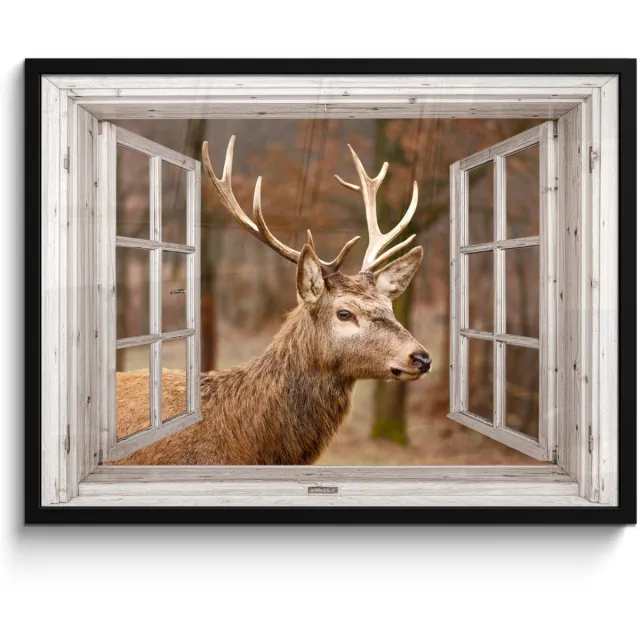 FrameYourWall Poster in lijst - Fotolijst 70x50 cm - Posters - Hert - Dier - Bos - Herfst - Hertenkop - Bruin - Doorkijk - Posterlijst zwart - Decoratie - Wanddecoratie woonkamer - Muurdecoratie slaapkamer