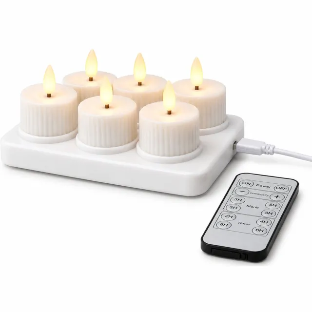 SWGOTA Elektrische kaarsen, 6 stuks, warmwit licht en vlamvorm, geribbelde behuizing, Type-C-laadbasis en afstandsbediening