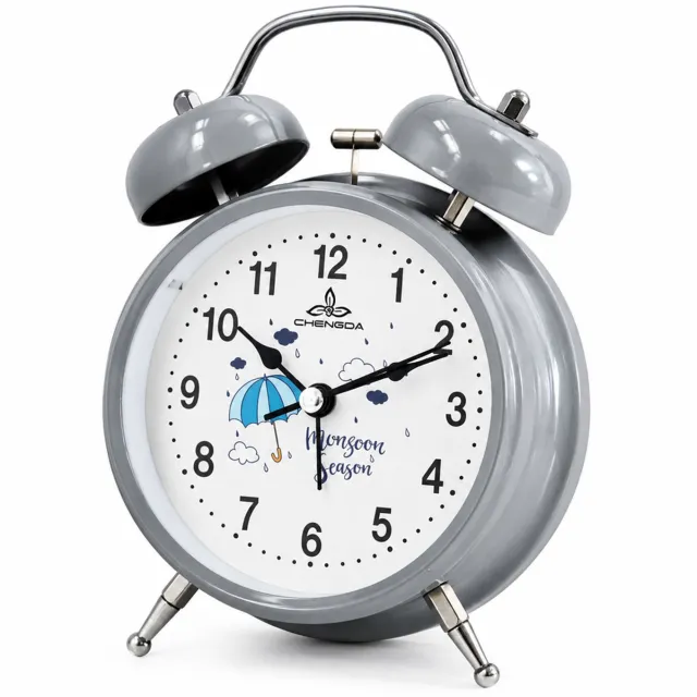 SWGOTA Grijze metalen wekker, 4 inch, met dubbele bel, stil uurwerk, nachtverlichting en analoge wijzerplaat Grijs