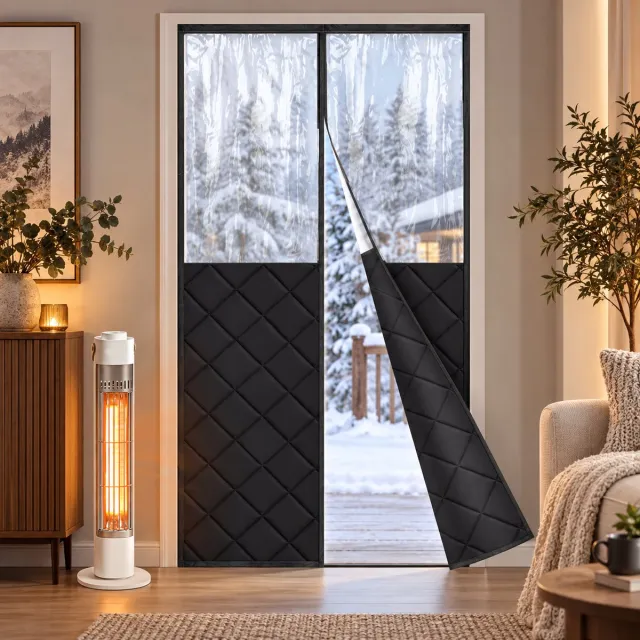 LAPAMAX Magnetische Isolerende Gordijnen met Groot PVC-Venster - 380GSM Gewatteerd Deurgordijn - Zelfsluitend, Zonder Boren - Dikke Gordijnen voor Garage en Werkruimte - Zwart -2 Stuks - 90 x 210 cm (B x H) Zwart-2 stuks