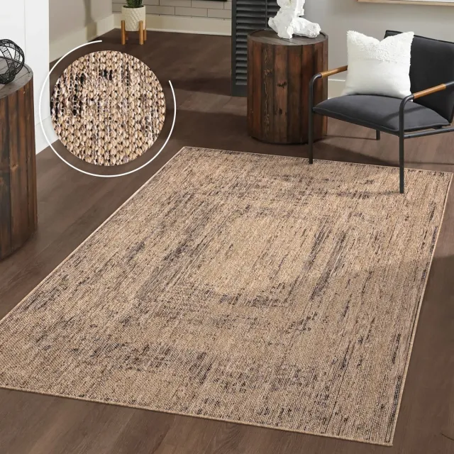 TT Home Binnen- en buitentapijt Woonkamer Weerbestendig Balkon Boho Geo Motief 3D Franjes 120 x 160 cm Rechthoek beige