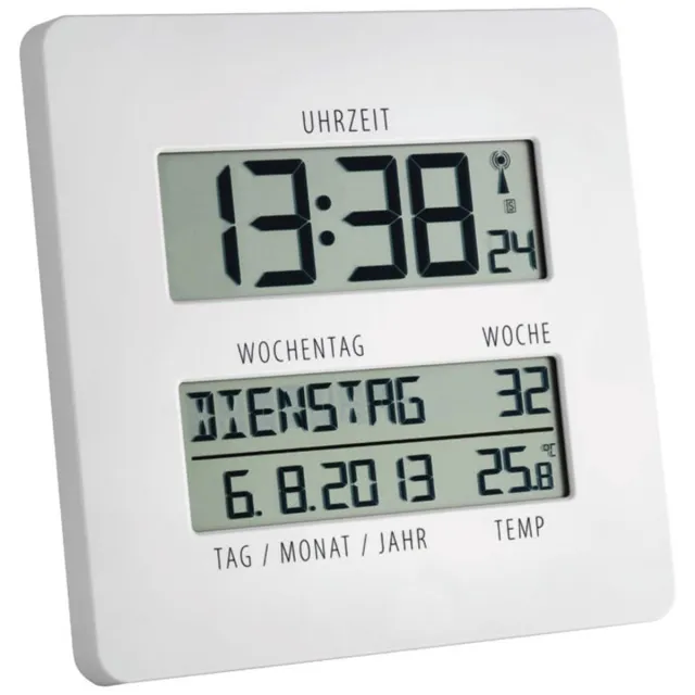 TFA Dostmann 60.4509.02 - Wanklok - Tafelklok - Vierkant - Digitaal - Kunststof - Radiogestuurde tijdsaanduiding en manueel - Datumaanduiding - 7 talen - 2 alarmen - Snooze - Binnetemperatuur - Tweede tijd - Kalender - Wit