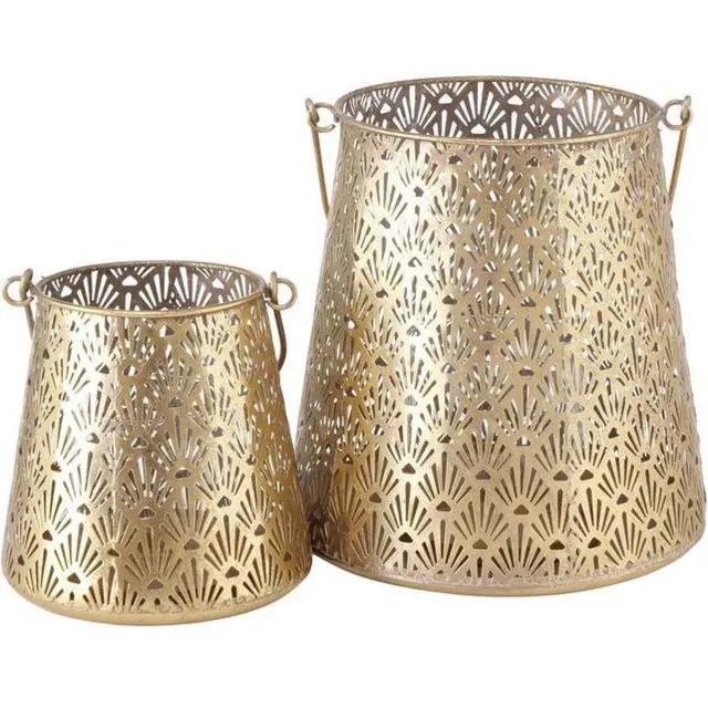 Deco by Boltze Windlichtjes - 2x - goudkleurig - metaal - Vulling met theelichtjes of stompkaarsen