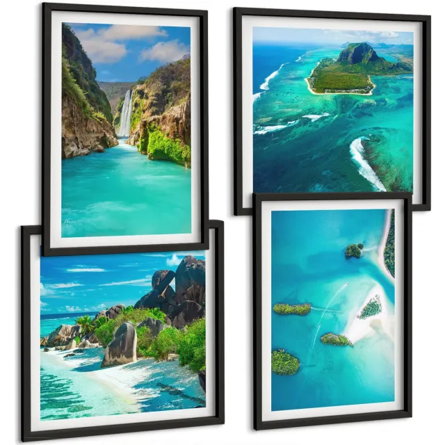Coloray 4-Delige Schilderij Set - Tropische Landschappen Met Eilanden En Turquoise Water - 40 x 40 cm En 40 x 60 cm - Wanddecoratie - Moderne Interieurdecoratie - Muurdecoratie Zwarte lijst