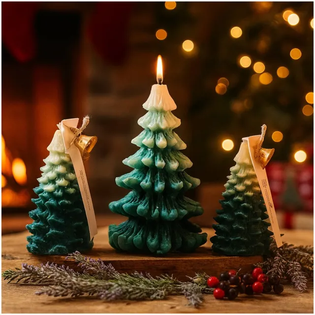 MMOBIEL Set van 3 Kerstboom Kaarsen van MMOBIEL – Handgemaakte Soja Wax Geurkaarsen in Groot, Medium & Klein - Jeneverbes & Lavendel Geur – Kerstdecoratie voor Binnen - Cadeau Ideeën voor Kerst - Groen