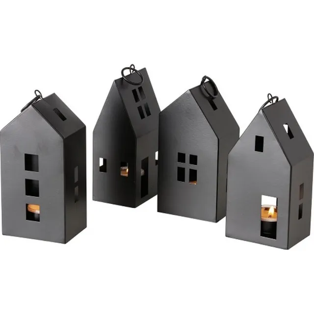 Boltze Home Lichthuisjes Set van 4 - Metalen Huisjes Lantaarns - Zwart - Waxinelichthouders - Huisjes Decoratie - 6 x 8 x 17 cm