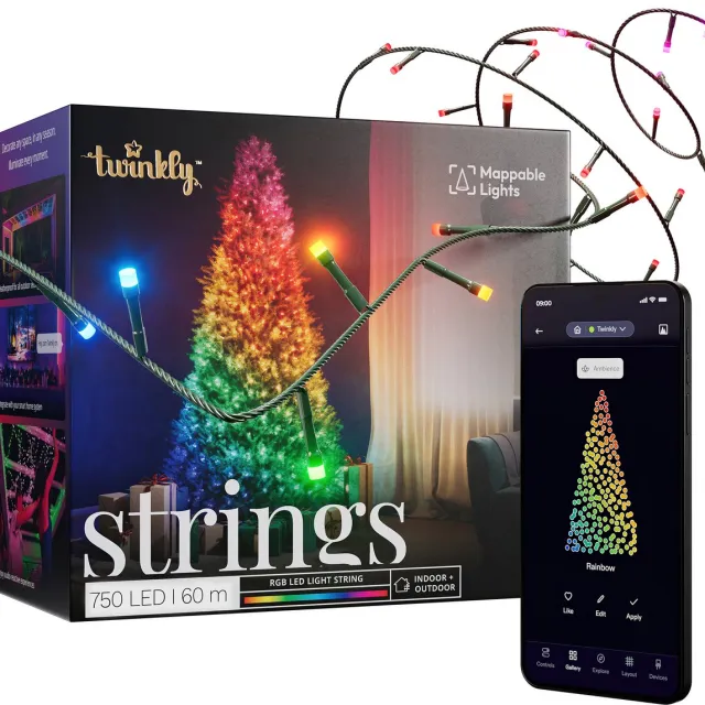 Twinkly Strings Lichtsnoer - 60M - LED - 750LED RGB - Dimbaar - Binnen & Buiten - Bluetooth of Wifi - Werkt met Homekit, Homey, Google Home en Razer Chroma - Zwart