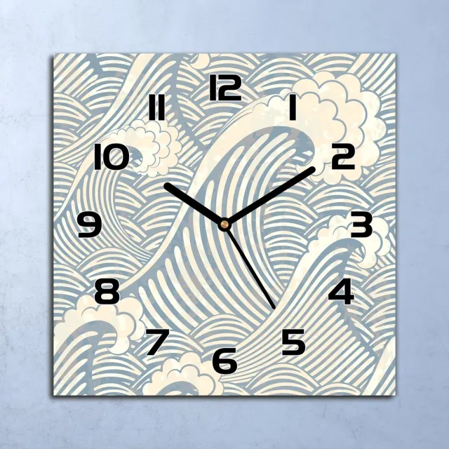Coloray Wandklok - Golven en wolken Glazen Klok - 30x30 cm - Lichtblauw Wandklok - Wandklok Vierkant - Wandklok Industrieel - Wandklok Keuken - Stille Wandklok Lichtblauw - Golven en wolken - Zwarte Handen