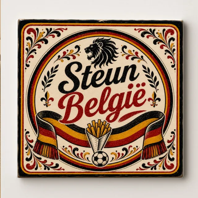 Bedruk King Steun België Decoratieve Keramische Tegel – Belgische Leeuw Sjaal en Frietjes Voetbal Design – Zwart Geel Rood Voetbal Wanddecoratie Tegel – Vaderlands Woondecoratie Cadeau Wit