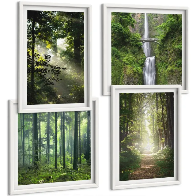 Coloray 4-Delige Schilderij Set - Groene Bossen Met Zonnestralen En Een Bospad - 40 x 40 En 40 x 60 - Moderne Wanddecoratie - Woonkamer - Interieur Decoratie Witte lijst