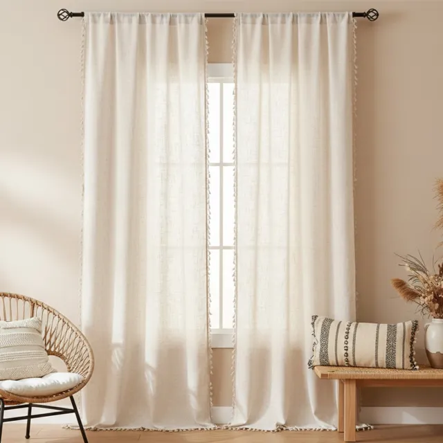 Qelus Boho Vitrage met Kwastjes - Linnenstructuur Gordijn - Vintage Tassel Voile - Semi-Transparant - Tunnelzoom - Crème - Rideau Bohème à Glands - B132xH213cm 1 Stuk