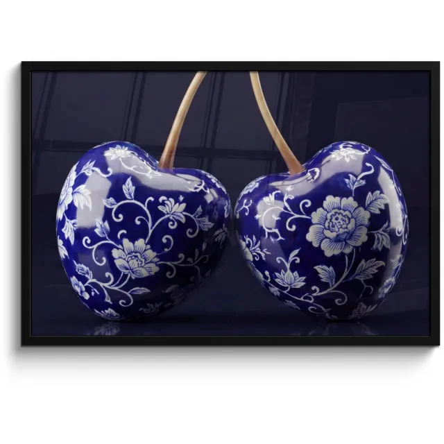 FrameYourWall Poster in lijst - Fotolijst 90x60 cm - Posters - Porselein- Kersen - Delfts - Blauw - Posterlijst zwart - Decoratie - Wanddecoratie woonkamer - Muurdecoratie slaapkamer