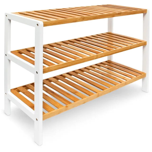Famanu Bamboe schoenenrek met 3 etages, HxBxD: ca. 54,5 x 70 x 24,5 cm, voor 9 paar schoenen, stevig, natuur/wit Bruin