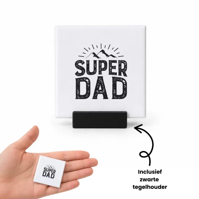 Hacebo Super dad tegeltje met tegelhouder - Papa - Vader - tegeltjes met tekst - Cadeau - vaderdag - spreuktegels - 4.8x4.8 CM Wit