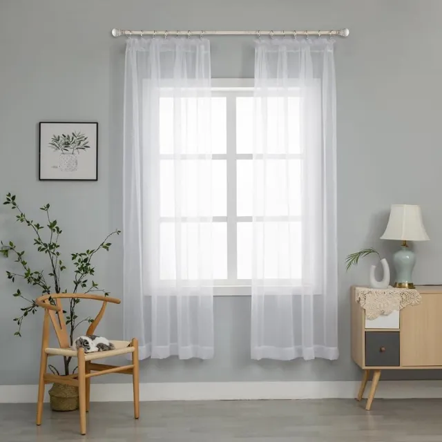 Hoomall Gordijnen met plooiband, set van 2 gordijnen, transparant, polyester, gordijn met ogen, transparante vitrage, luchtig, decoratief, voor slaapkamer en woonkamer, 140 x 245 cm wit